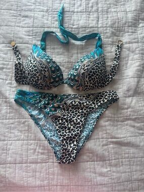 Teal and Black Leopard Print Halter Bikini Set